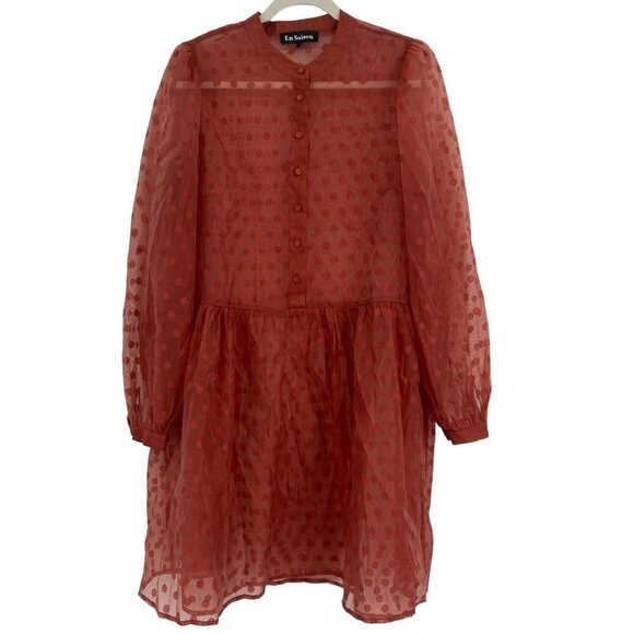 EN SAISON SIZE M EMBROIDERED DOT LONG SLEEVE BABYDOLL MINIDRESS IN RUST - Picture 3 of 11